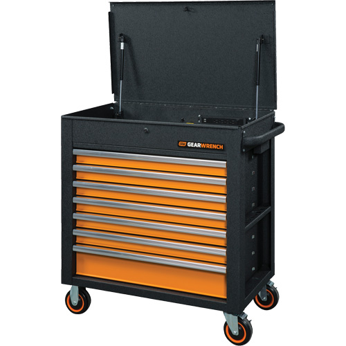 Chariot &agrave; outils s&eacute;rie GSX avec dessus inclin&eacute;, 7 tiroirs, 35" lo x 20" la x 39" h, Noir/Orange Brunswick Fyr & Safety