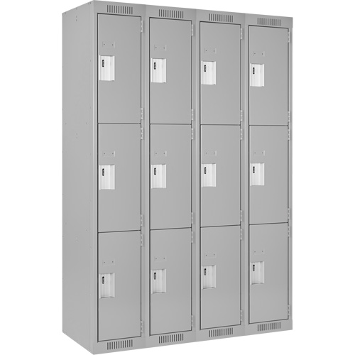 Clean Line Lockers, 3 -tier, Bank of 4, 48" x 18" x 72", Steel, Grey, Rivet (Assembled) Brunswick Fyr & Safety