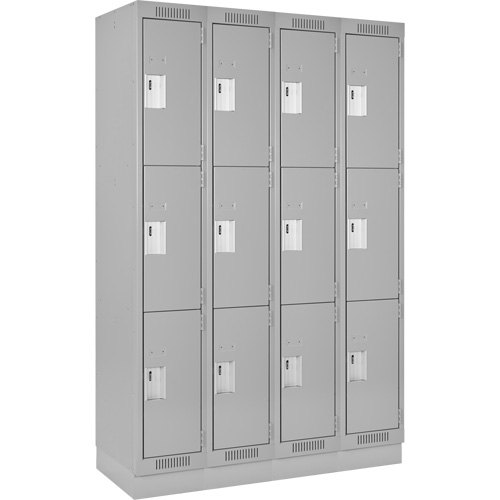 Clean Line Lockers, 3 -tier, Bank of 4, 48" x 18" x 76", Steel, Grey, Rivet (Assembled) Brunswick Fyr & Safety