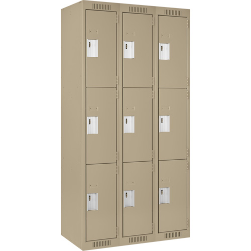 Clean Line Lockers, 3 -tier, Bank of 3, 36" x 18" x 72", Steel, Beige, Rivet (Assembled) Brunswick Fyr & Safety
