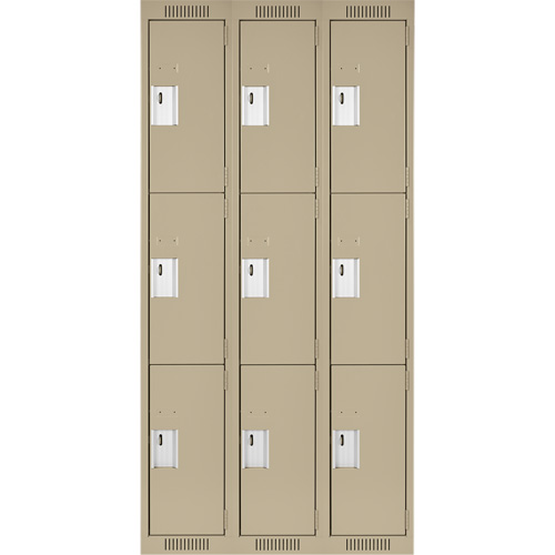 Clean Line Lockers, 3 -tier, Bank of 3, 36" x 18" x 72", Steel, Beige, Rivet (Assembled) Brunswick Fyr & Safety