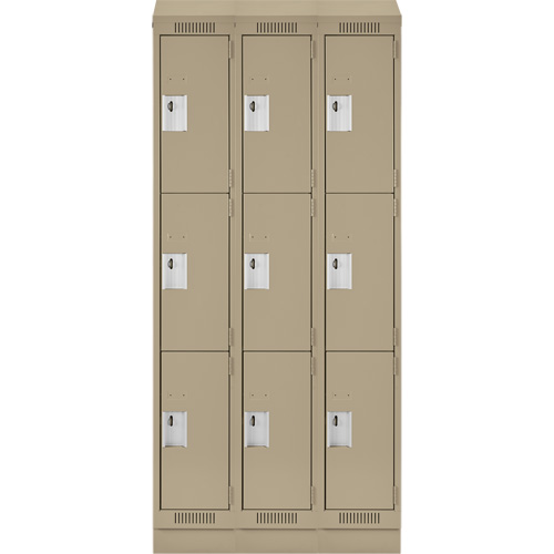Clean Line Lockers, 3 -tier, Bank of 3, 36" x 18" x 82", Steel, Beige, Rivet (Assembled) Brunswick Fyr & Safety