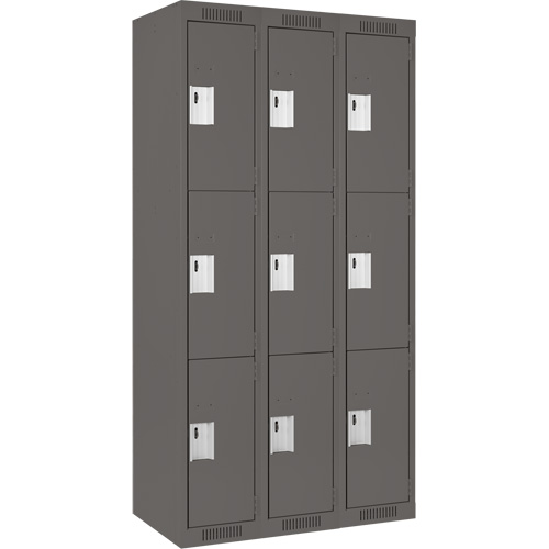 Clean Line Lockers, 3 -tier, Bank of 3, 36" x 18" x 72", Steel, Charcoal, Rivet (Assembled) Brunswick Fyr & Safety