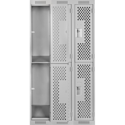 Clean Line Lockers, 2 -tier, Bank of 3, 36" x 15" x 72", Steel, Grey, Rivet (Assembled), Perforated Brunswick Fyr & Safety