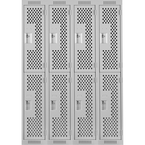 Clean Line Lockers, 2 -tier, Bank of 4, 48" x 15" x 72", Steel, Grey, Rivet (Assembled), Perforated Brunswick Fyr & Safety