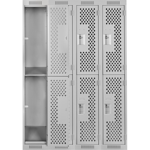 Clean Line Lockers, 2 -tier, Bank of 4, 48" x 15" x 72", Steel, Grey, Rivet (Assembled), Perforated Brunswick Fyr & Safety
