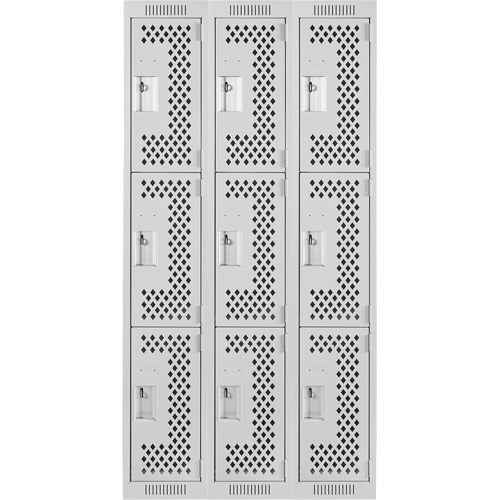 Clean Line Lockers, 3 -tier, Bank of 3, 36" x 12" x 72", Steel, Grey, Rivet (Assembled), Perforated Brunswick Fyr & Safety