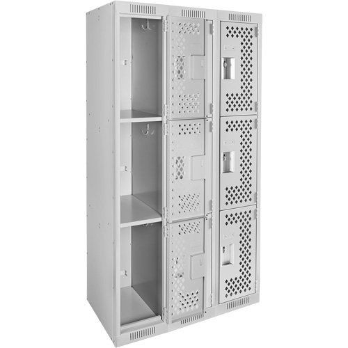 Clean Line Lockers, 3 -tier, Bank of 3, 36" x 12" x 72", Steel, Grey, Rivet (Assembled), Perforated Brunswick Fyr & Safety