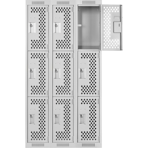 Clean Line Lockers, 3 -tier, Bank of 3, 36" x 12" x 72", Steel, Grey, Rivet (Assembled), Perforated Brunswick Fyr & Safety