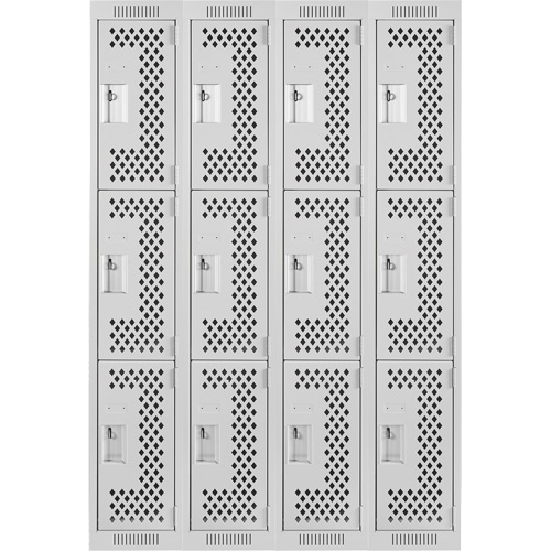 Clean Line Lockers, 3 -tier, Bank of 4, 48" x 12" x 72", Steel, Grey, Rivet (Assembled), Perforated Brunswick Fyr & Safety