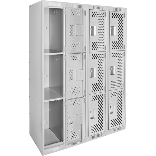 Clean Line Lockers, 3 -tier, Bank of 4, 48" x 12" x 72", Steel, Grey, Rivet (Assembled), Perforated Brunswick Fyr & Safety