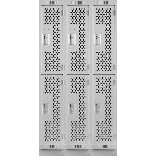 Clean Line Lockers, 2 -tier, Bank of 3, 36" x 18" x 76", Steel, Grey, Rivet (Assembled), Perforated Brunswick Fyr & Safety