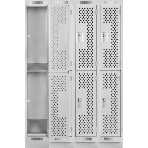 Clean Line Lockers, 2 -tier, Bank of 4, 48" x 18" x 76", Steel, Grey, Rivet (Assembled), Perforated Brunswick Fyr & Safety