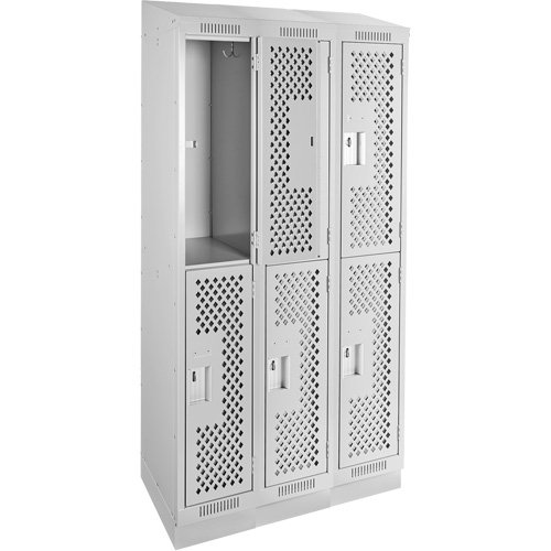 Clean Line Lockers, 2 -tier, Bank of 3, 36" x 15" x 82", Steel, Grey, Rivet (Assembled), Perforated Brunswick Fyr & Safety