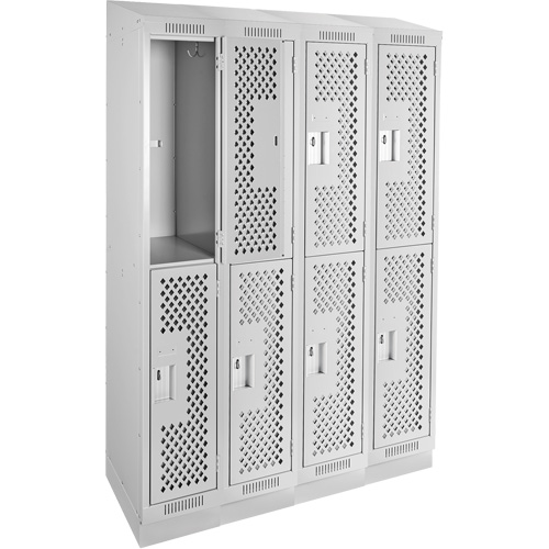 Clean Line Lockers, 2 -tier, Bank of 4, 48" x 15" x 82", Steel, Grey, Rivet (Assembled), Perforated Brunswick Fyr & Safety
