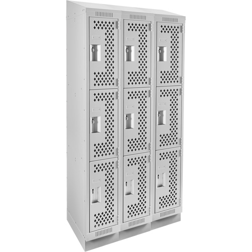 Clean Line Lockers, 3 -tier, Bank of 3, 36" x 15" x 82", Steel, Grey, Rivet (Assembled), Perforated Brunswick Fyr & Safety