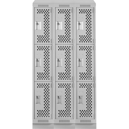 Clean Line Lockers, 3 -tier, Bank of 3, 36" x 15" x 82", Steel, Grey, Rivet (Assembled), Perforated Brunswick Fyr & Safety