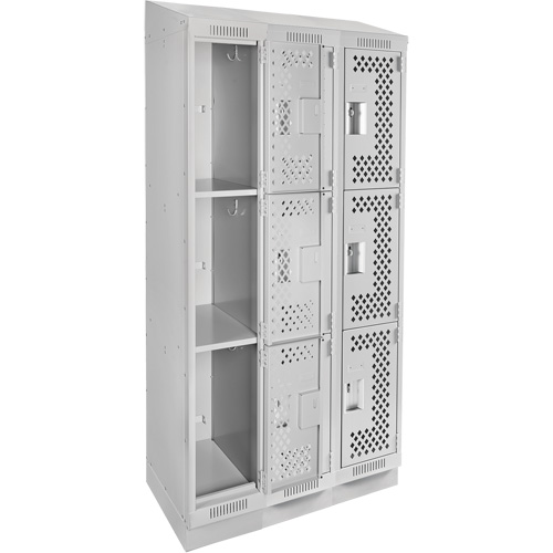 Clean Line Lockers, 3 -tier, Bank of 3, 36" x 15" x 82", Steel, Grey, Rivet (Assembled), Perforated Brunswick Fyr & Safety
