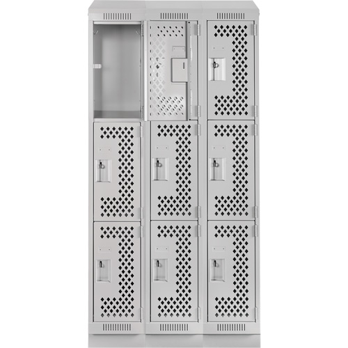 Clean Line Lockers, 3 -tier, Bank of 3, 36" x 15" x 82", Steel, Grey, Rivet (Assembled), Perforated Brunswick Fyr & Safety