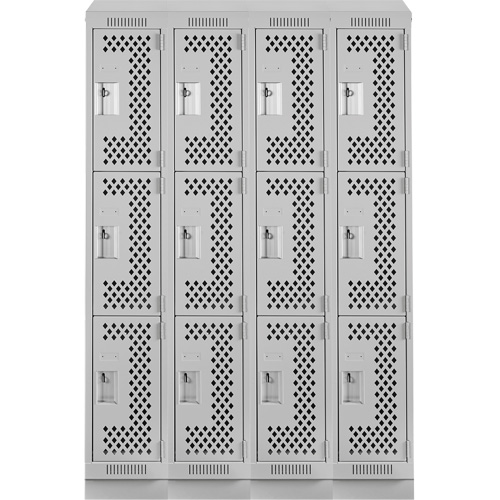Clean Line Lockers, 3 -tier, Bank of 4, 48" x 15" x 82", Steel, Grey, Rivet (Assembled), Perforated Brunswick Fyr & Safety