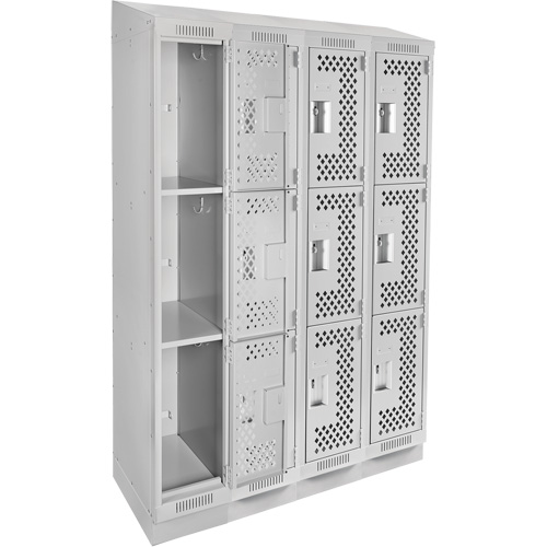 Clean Line Lockers, 3 -tier, Bank of 4, 48" x 15" x 82", Steel, Grey, Rivet (Assembled), Perforated Brunswick Fyr & Safety