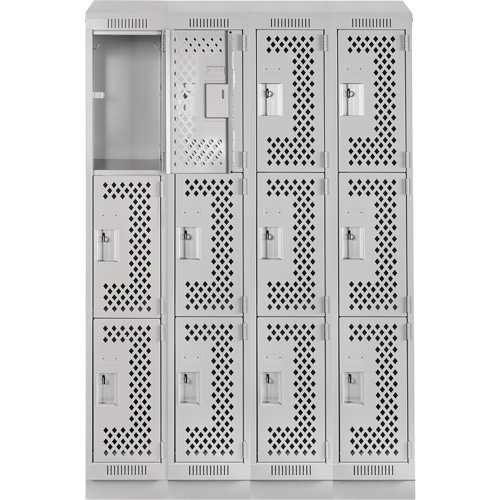 Clean Line Lockers, 3 -tier, Bank of 4, 48" x 15" x 82", Steel, Grey, Rivet (Assembled), Perforated Brunswick Fyr & Safety