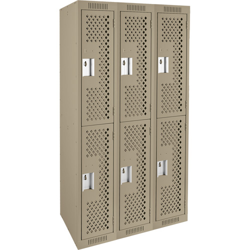 Clean Line Lockers, 2 -tier, Bank of 3, 36" x 15" x 72", Steel, Beige, Rivet (Assembled), Perforated Brunswick Fyr & Safety