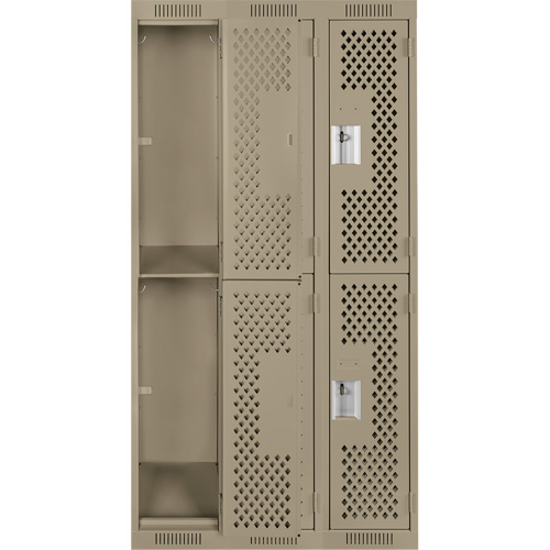 Clean Line Lockers, 2 -tier, Bank of 3, 36" x 15" x 72", Steel, Beige, Rivet (Assembled), Perforated Brunswick Fyr & Safety