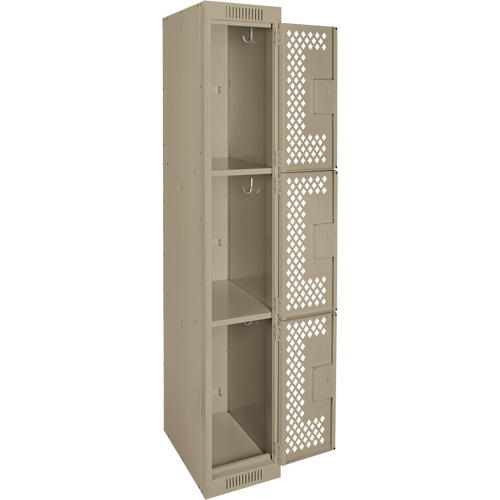 Clean Line Lockers, 3 -tier, 12" x 12" x 72", Steel, Beige, Rivet (Assembled), Perforated Brunswick Fyr & Safety