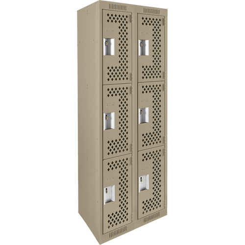 Clean Line Lockers, 3 -tier, Bank of 2, 24" x 12" x 72", Steel, Beige, Rivet (Assembled), Perforated Brunswick Fyr & Safety