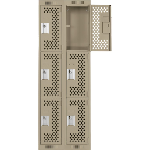 Clean Line Lockers, 3 -tier, Bank of 2, 24" x 12" x 72", Steel, Beige, Rivet (Assembled), Perforated Brunswick Fyr & Safety