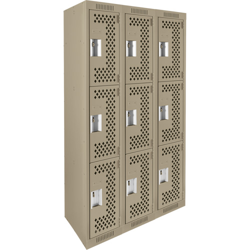 Clean Line Lockers, 3 -tier, Bank of 3, 36" x 12" x 72", Steel, Beige, Rivet (Assembled), Perforated Brunswick Fyr & Safety