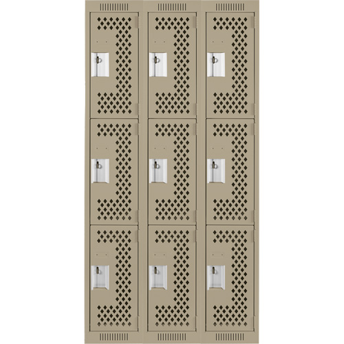 Clean Line Lockers, 3 -tier, Bank of 3, 36" x 12" x 72", Steel, Beige, Rivet (Assembled), Perforated Brunswick Fyr & Safety