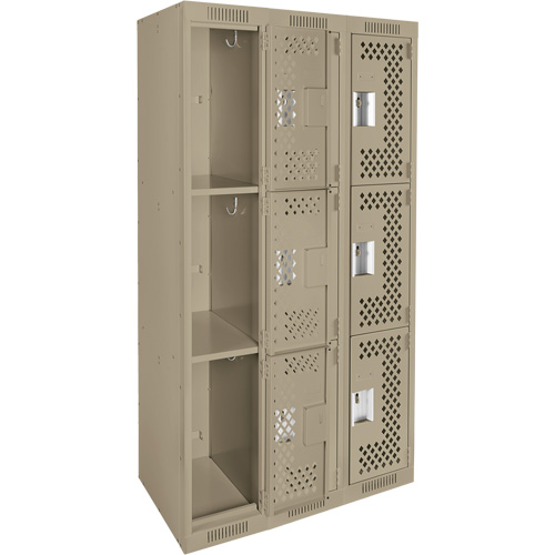 Clean Line Lockers, 3 -tier, Bank of 3, 36" x 12" x 72", Steel, Beige, Rivet (Assembled), Perforated Brunswick Fyr & Safety