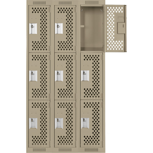 Clean Line Lockers, 3 -tier, Bank of 3, 36" x 12" x 72", Steel, Beige, Rivet (Assembled), Perforated Brunswick Fyr & Safety