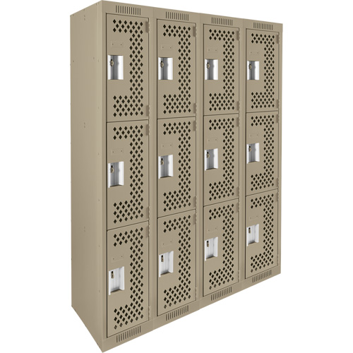 Clean Line Lockers, 3 -tier, Bank of 4, 48" x 12" x 72", Steel, Beige, Rivet (Assembled), Perforated Brunswick Fyr & Safety