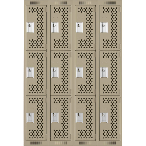 Clean Line Lockers, 3 -tier, Bank of 4, 48" x 12" x 72", Steel, Beige, Rivet (Assembled), Perforated Brunswick Fyr & Safety