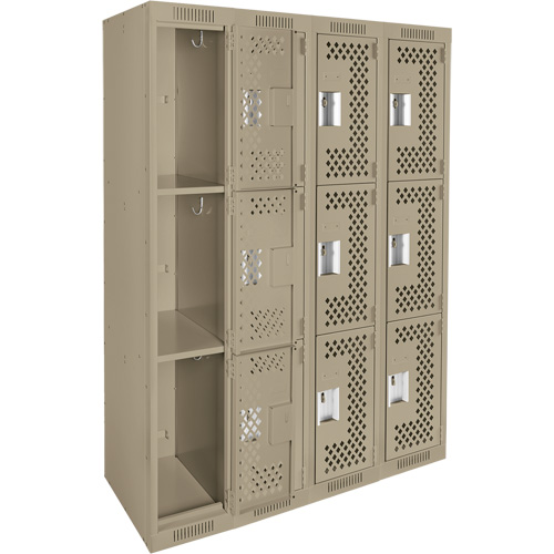 Clean Line Lockers, 3 -tier, Bank of 4, 48" x 12" x 72", Steel, Beige, Rivet (Assembled), Perforated Brunswick Fyr & Safety