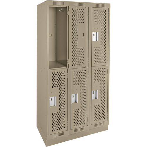 Clean Line Lockers, 2 -tier, Bank of 3, 36" x 12" x 76", Steel, Beige, Rivet (Assembled), Perforated Brunswick Fyr & Safety