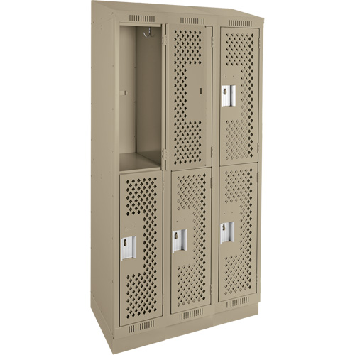 Clean Line Lockers, 2 -tier, Bank of 3, 36" x 15" x 82", Steel, Beige, Rivet (Assembled), Perforated Brunswick Fyr & Safety