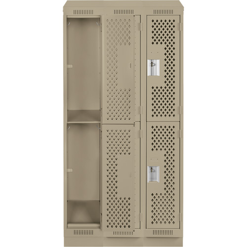 Clean Line Lockers, 2 -tier, Bank of 3, 36" x 15" x 82", Steel, Beige, Rivet (Assembled), Perforated Brunswick Fyr & Safety