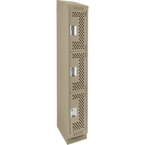Clean Line Lockers, 3 -tier, 12" x 15" x 82", Steel, Beige, Rivet (Assembled), Perforated Brunswick Fyr & Safety