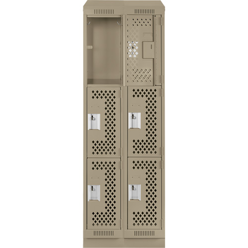 Clean Line Lockers, 3 -tier, Bank of 2, 24" x 15" x 82", Steel, Beige, Rivet (Assembled), Perforated Brunswick Fyr & Safety
