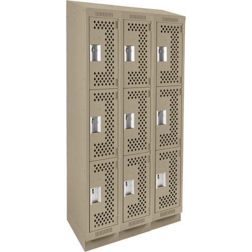 Clean Line Lockers, 3 -tier, Bank of 3, 36" x 15" x 82", Steel, Beige, Rivet (Assembled), Perforated Brunswick Fyr & Safety