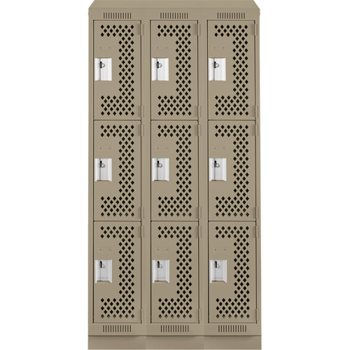 Clean Line Lockers, 3 -tier, Bank of 3, 36" x 15" x 82", Steel, Beige, Rivet (Assembled), Perforated Brunswick Fyr & Safety