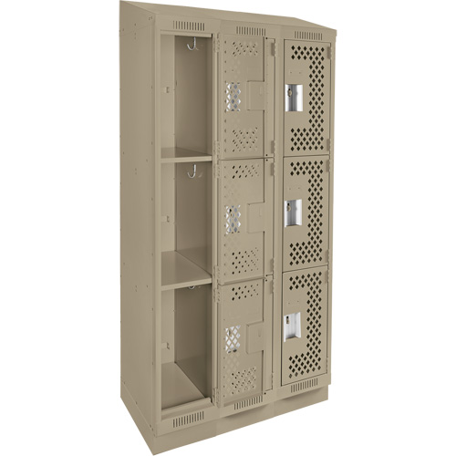 Clean Line Lockers, 3 -tier, Bank of 3, 36" x 15" x 82", Steel, Beige, Rivet (Assembled), Perforated Brunswick Fyr & Safety