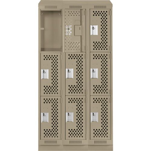 Clean Line Lockers, 3 -tier, Bank of 3, 36" x 15" x 82", Steel, Beige, Rivet (Assembled), Perforated Brunswick Fyr & Safety
