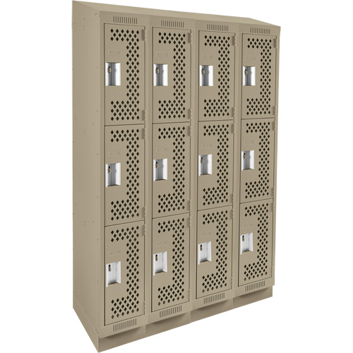 Clean Line Lockers, 3 -tier, Bank of 4, 48" x 15" x 82", Steel, Beige, Rivet (Assembled), Perforated Brunswick Fyr & Safety