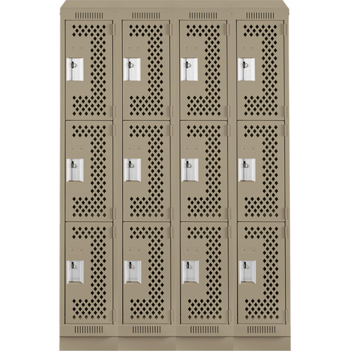 Clean Line Lockers, 3 -tier, Bank of 4, 48" x 15" x 82", Steel, Beige, Rivet (Assembled), Perforated Brunswick Fyr & Safety