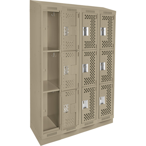 Clean Line Lockers, 3 -tier, Bank of 4, 48" x 15" x 82", Steel, Beige, Rivet (Assembled), Perforated Brunswick Fyr & Safety